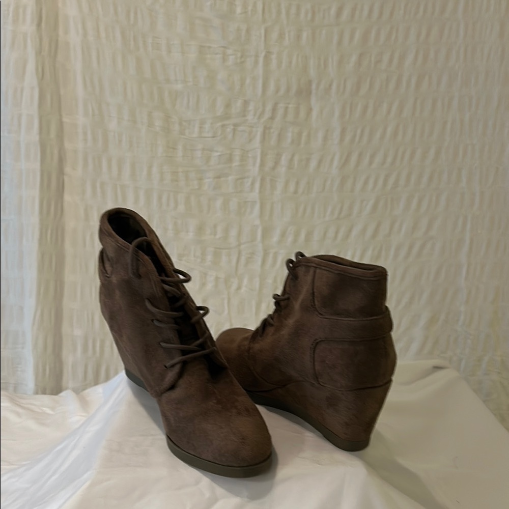 Brown Lace-Up Wedge Ankle Boots